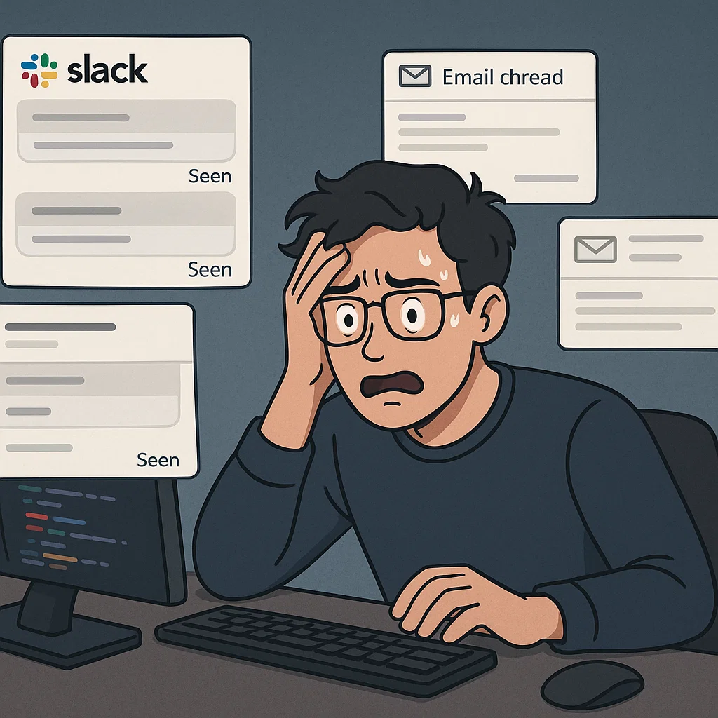 Stressed professional overwhelmed by communication follow-ups